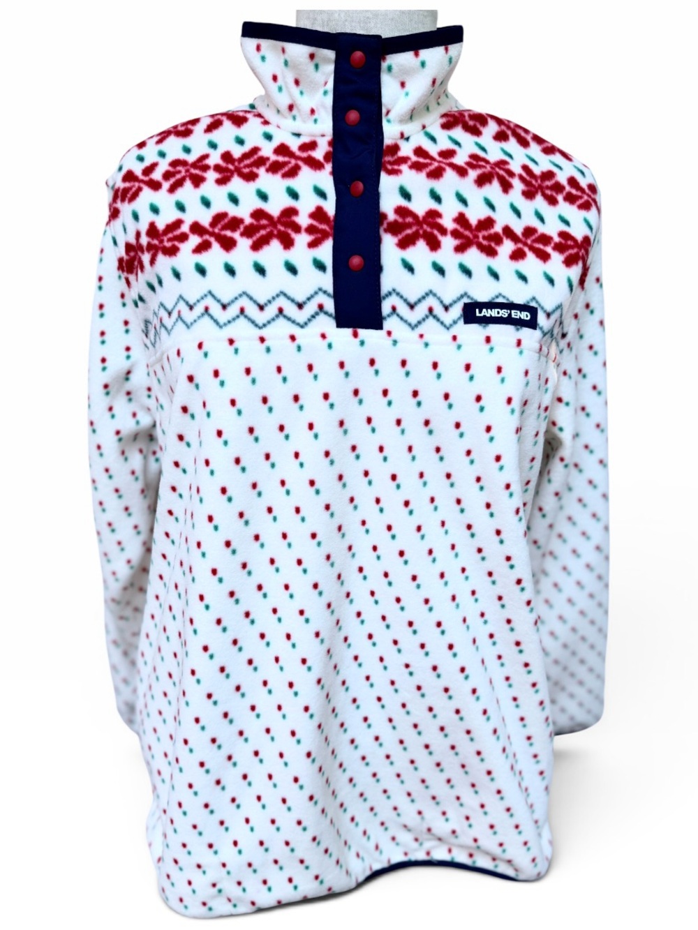 Lands' End Fleece Pullover Sweater Size XL NWT Fair Isle Christmas Red White